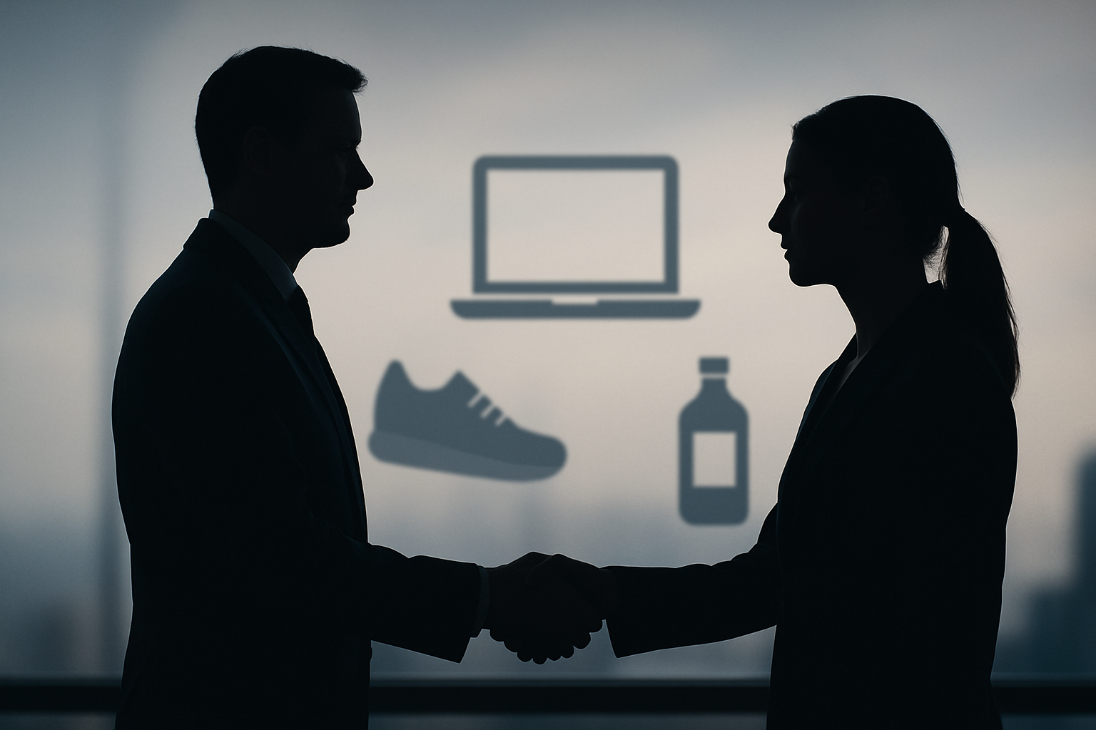 Two silhouetted business professionals shaking hands in front of abstract product icons, symbolising brand conflicts across industries in South Africa.